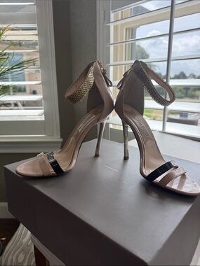BOUTIQUE 9 Nude and Black Stiletto Sandals  Gold Chain Ankle Strap, Silver Heel